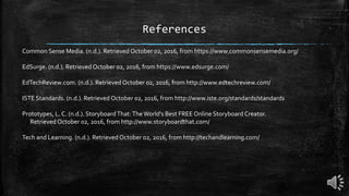 References
Common Sense Media. (n.d.). Retrieved October 02, 2016, from https://www.commonsensemedia.org/
EdSurge. (n.d.). Retrieved October 02, 2016, from https://www.edsurge.com/
EdTechReview.com. (n.d.). Retrieved October 02, 2016, from http://www.edtechreview.com/
ISTE Standards. (n.d.). Retrieved October 02, 2016, from http://www.iste.org/standards/standards
Prototypes, L. C. (n.d.). StoryboardThat:TheWorld's Best FREE Online Storyboard Creator.
Retrieved October 02, 2016, from http://www.storyboardthat.com/
Tech and Learning. (n.d.). Retrieved October 02, 2016, from http://techandlearning.com/
 