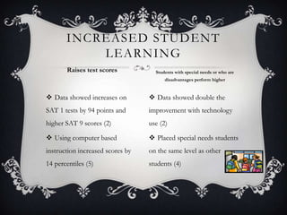 INCREASED STUDENT
           LEARNING
       Raises test scores           Students with special needs or who are
                                        disadvantages perform higher


 Data showed increases on         Data showed double the
SAT 1 tests by 94 points and      improvement with technology
higher SAT 9 scores (2)           use (2)

 Using computer based             Placed special needs students
instruction increased scores by   on the same level as other
14 percentiles (5)                students (4)
 