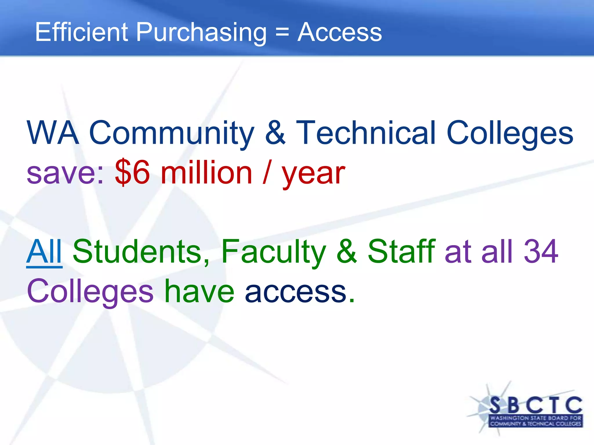 Efficient Purchasing = AccessWA Community & Technical Colleges save: $6 million / yearAll Students, Faculty & Staff at all 34 Colleges have access.