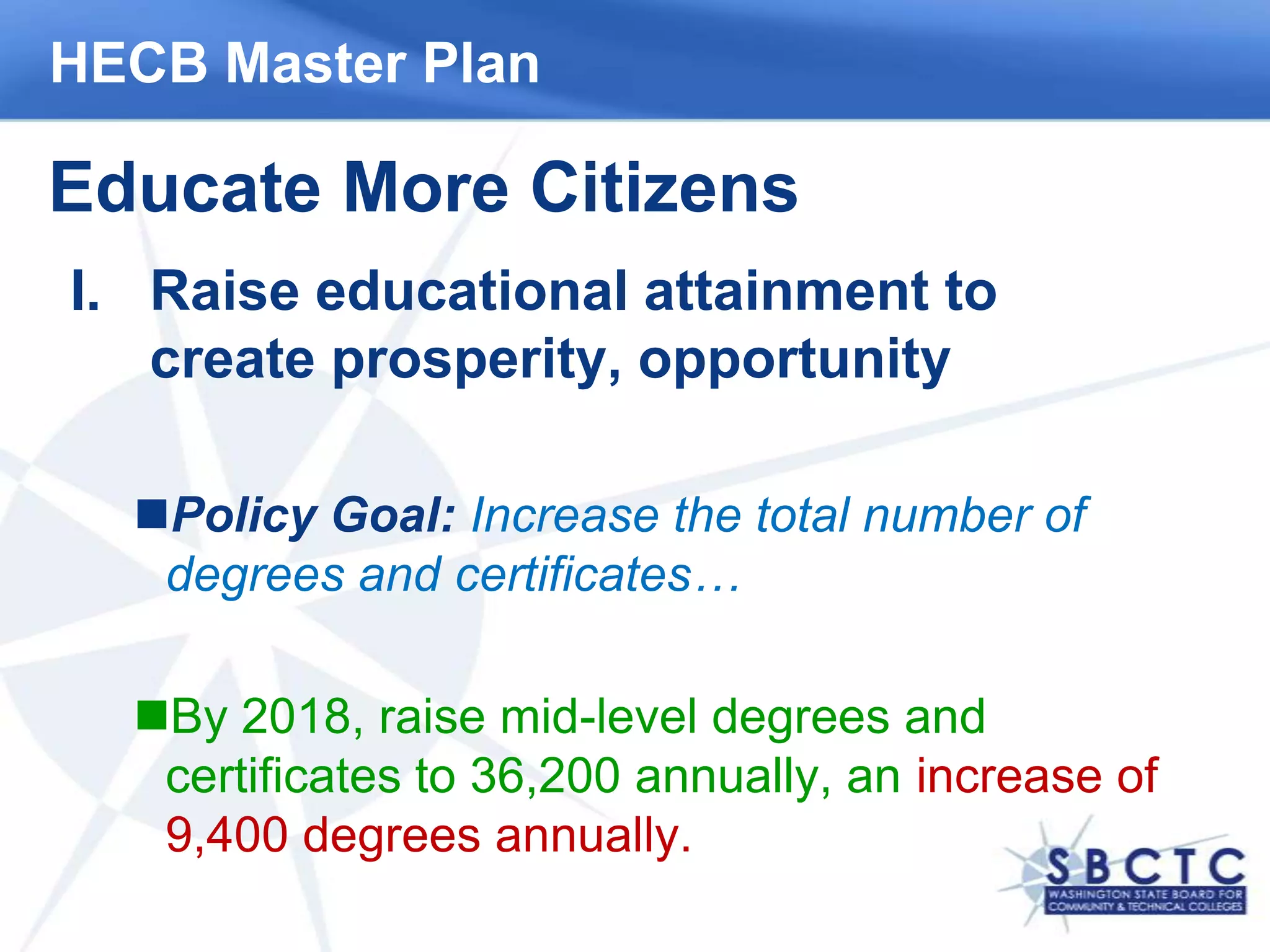 HECB Master PlanEducate More CitizensRaise educational attainment to create prosperity, opportunity Policy Goal: Increase the total number of degrees and certificates…