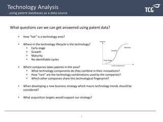 Technology Analysis
- using patent databases as a data source
1
What questions can we can get answered using patent data?
• How ”hot” is a technology area?
• Where in the technology lifecycle is the technology?
• Early stage
• Growth
• Maturity
• No identifiable cycles
• Which companies takes patents in the area?
• What technology components do they combine in their innovations?
• How ”rare” are the technology combinations used by the companies?
• Which other companies share this technological fingerprint?
• When developing a new business strategy which macro technology trends should be
considered?
• What acquisition targets would support our strategy?
Maturity
Growth
Early Stage
 