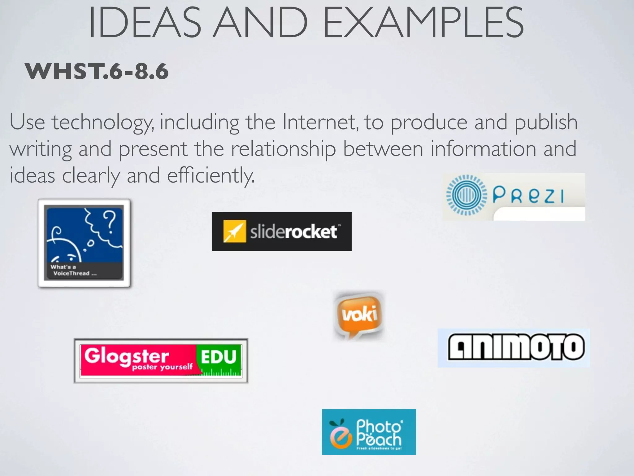 IDEAS AND EXAMPLES
 WHST.6-8.6

Use technology, including the Internet, to produce and publish
writing and present the relationship between information and
ideas clearly and efﬁciently.
 