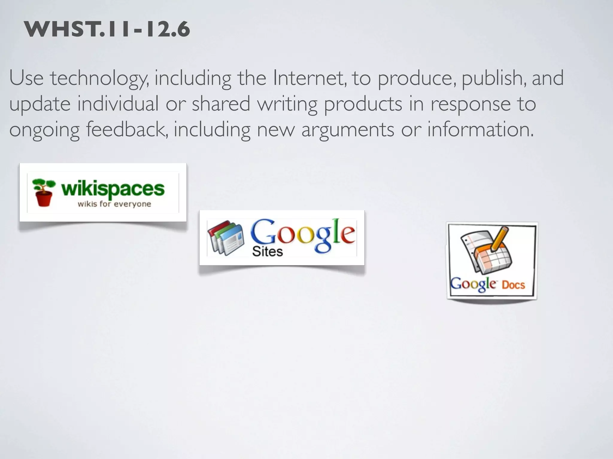 WHST.11-12.6

Use technology, including the Internet, to produce, publish, and
update individual or shared writing products in response to
ongoing feedback, including new arguments or information.
 