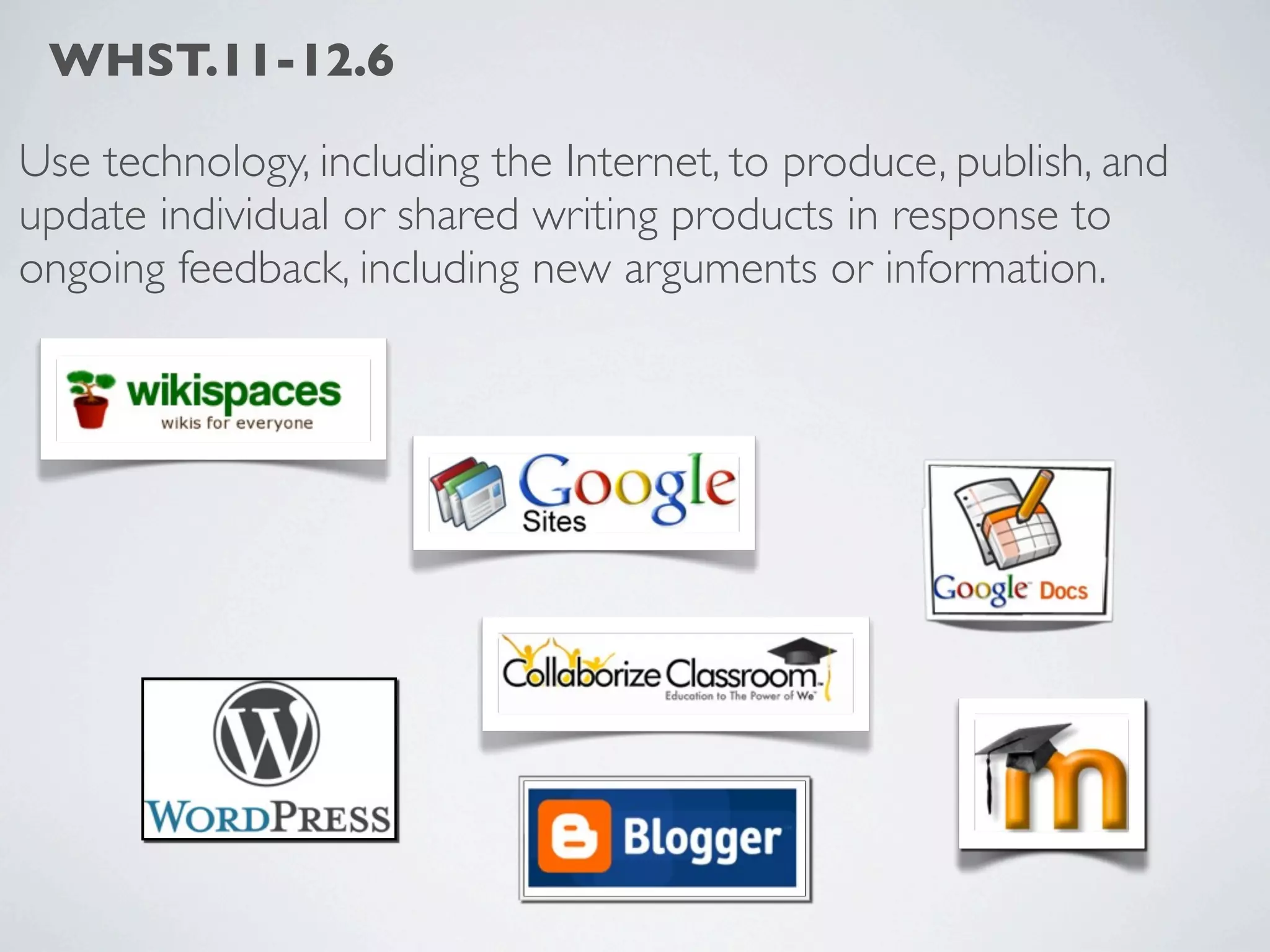 WHST.11-12.6

Use technology, including the Internet, to produce, publish, and
update individual or shared writing products in response to
ongoing feedback, including new arguments or information.
 