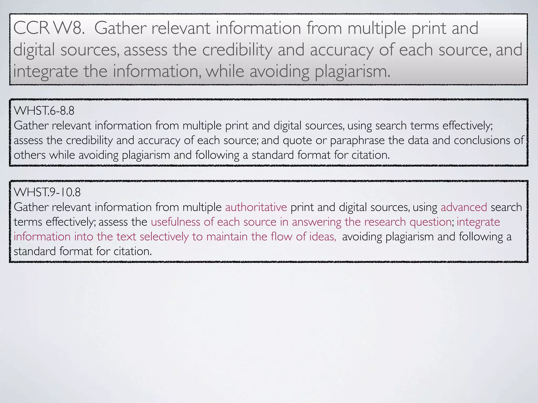CCR W8. Gather relevant information from multiple print and
digital sources, assess the credibility and accuracy of each source, and
integrate the information, while avoiding plagiarism.

WHST.6-8.8
Gather relevant information from multiple print and digital sources, using search terms effectively;
assess the credibility and accuracy of each source; and quote or paraphrase the data and conclusions of
others while avoiding plagiarism and following a standard format for citation.

WHST.9-10.8
Gather relevant information from multiple authoritative print and digital sources, using advanced search
terms effectively; assess the usefulness of each source in answering the research question; integrate
information into the text selectively to maintain the ﬂow of ideas, avoiding plagiarism and following a
standard format for citation.
 