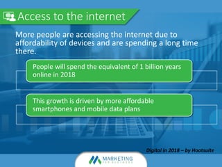 Access to the internet
Digital in 2018 – by Hootsuite
More people are accessing the internet due to
affordability of devices and are spending a long time
there.
People will spend the equivalent of 1 billion years
online in 2018
This growth is driven by more affordable
smartphones and mobile data plans
 