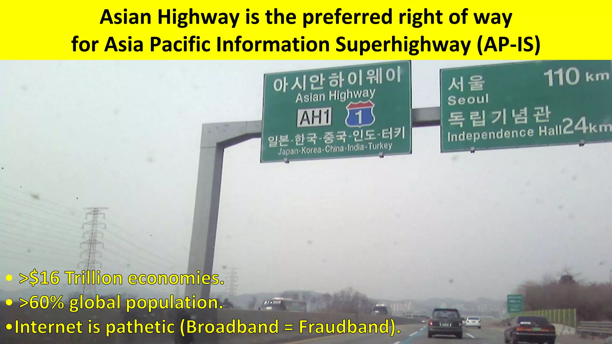 Asian Highway is the preferred right of way
for Asia Pacific Information Superhighway (AP-IS)
•
•
 