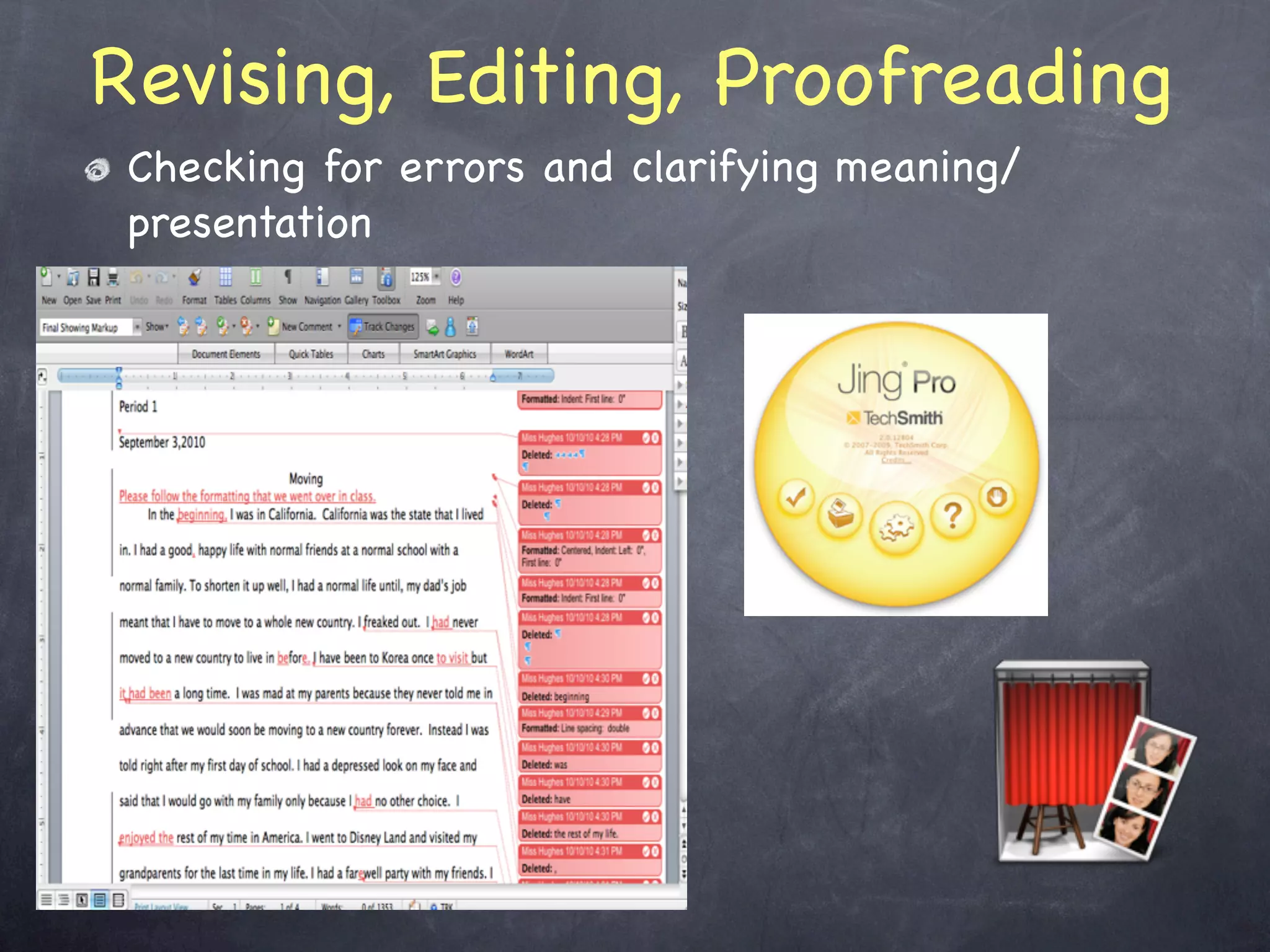Revising, Editing, Proofreading
 Checking for errors and clarifying meaning/
 presentation
 