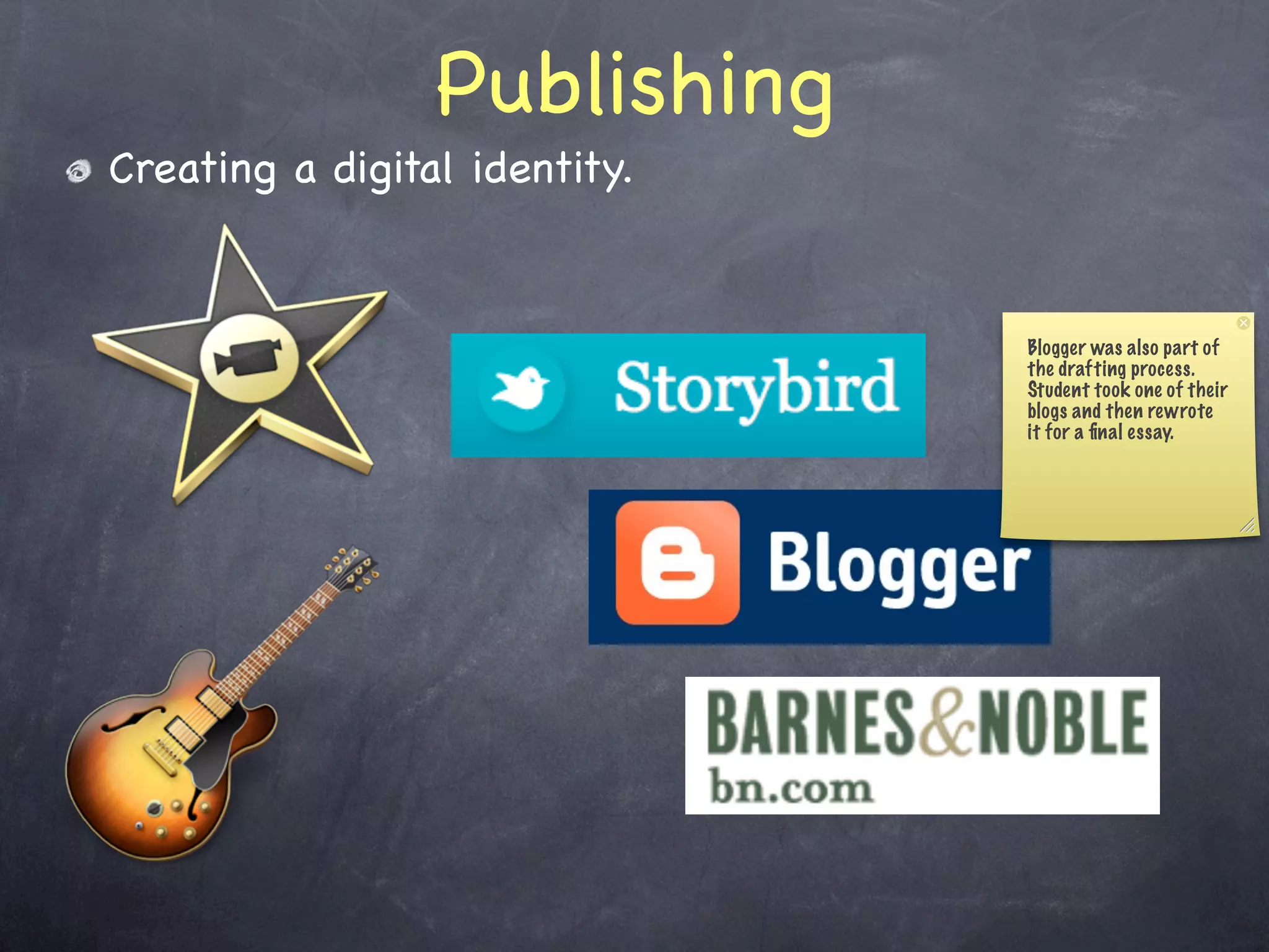 Publishing
Creating a digital identity.


                               Blogger was also part of
                               the drafting process.
                               Student took one of their
                               blogs and then rewrote
                               it for a ﬁnal essay.
 