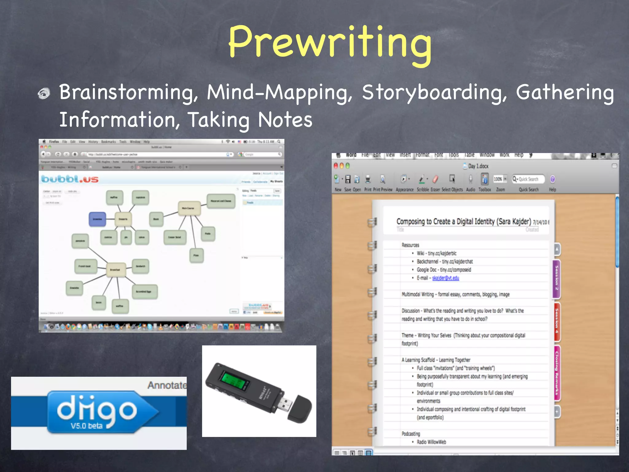 Prewriting
Brainstorming, Mind-Mapping, Storyboarding, Gathering
Information, Taking Notes
 