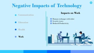 Negative Impacts of Technology
Communication
Education
Health
Work
Impacts on Work
Human exchanges with robot
Security issues
Reduced Productivity
11
 
