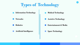 Types of Technology
Information Technology
Networks
Robotics
Artificial Intelligence
Medical Technology
Assistive Technology
Entertainment & Media
Space Technology
3
 