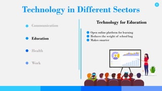 Technology in Different Sectors
Communication
Education
Health
Work
Technology for Education
Open online platform for learning
Reduces the weight of school bag
Makes smarter
5
 