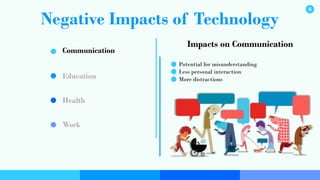Negative Impacts of Technology
Communication
Education
Health
Work
Impacts on Communication
Potential for misunderstanding
Less personal interaction
More distractions
8
 