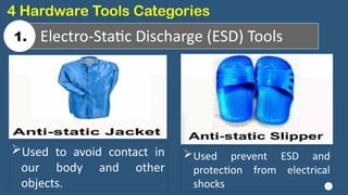 21
Electro-Static Discharge (ESD) Tools
4 Hardware Tools Categories
1.
Used to avoid contact in
our body and other
objects.
Used prevent ESD and
protection from electrical
shocks
 