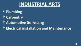 5
INDUSTRIAL ARTS
Carpentry
Automotive Servicing
Plumbing
Electrical installation and Maintenance
 