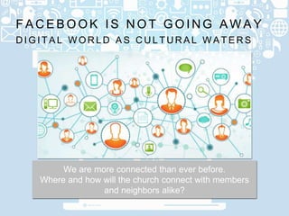 D I G I T A L W O R L D A S C U L T U R A L W A T E R S
F A C E B O O K I S N O T G O I N G A W A Y
We are more connected than ever before.
Where and how will the church connect with members
and neighbors alike?
 