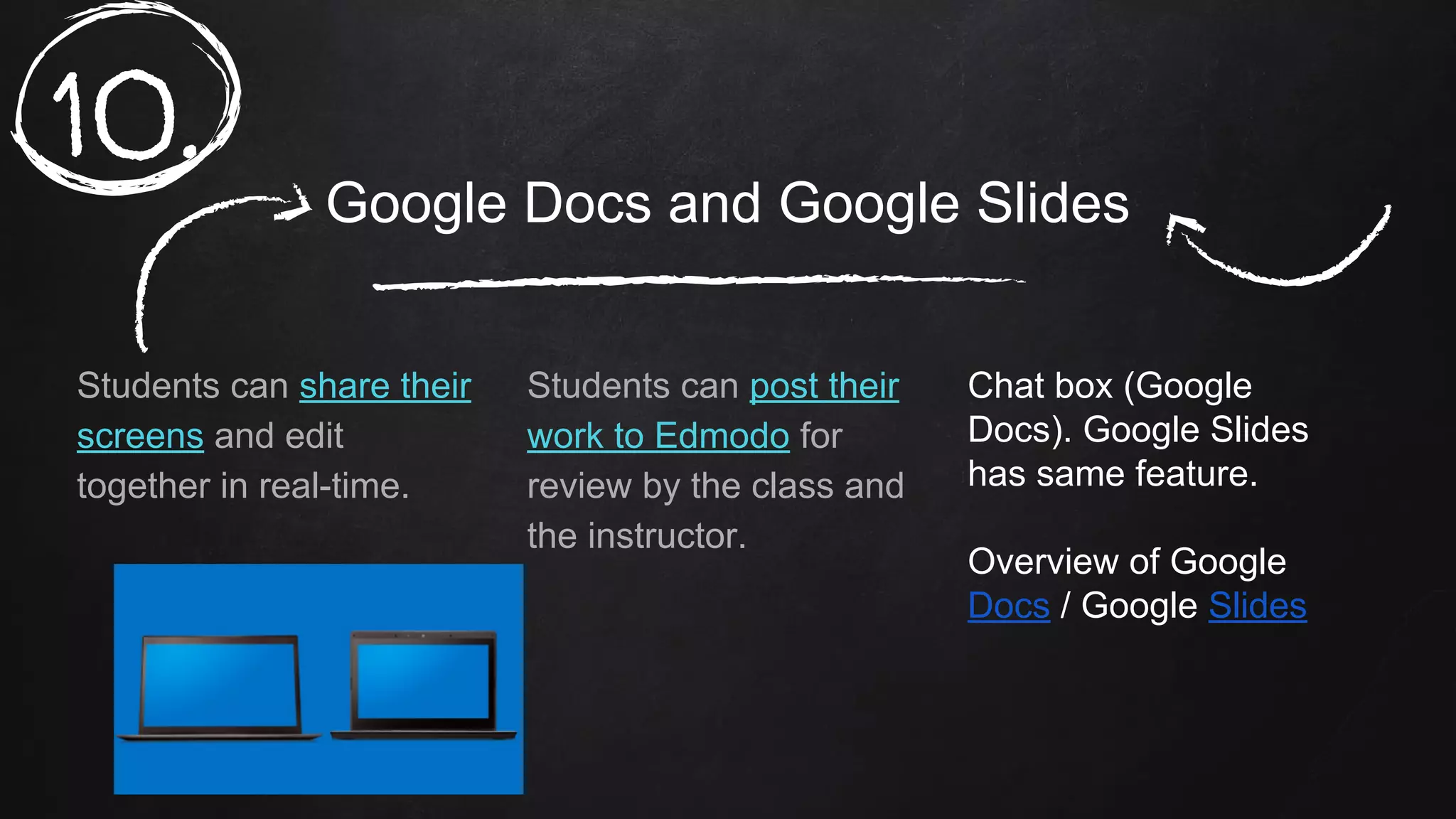 Google Docs and Google Slides
Students can share their
screens and edit
together in real-time.
Students can post their
work to Edmodo for
review by the class and
the instructor.
Chat box (Google
Docs). Google Slides
has same feature.
Overview of Google
Docs / Google Slides
10.
 