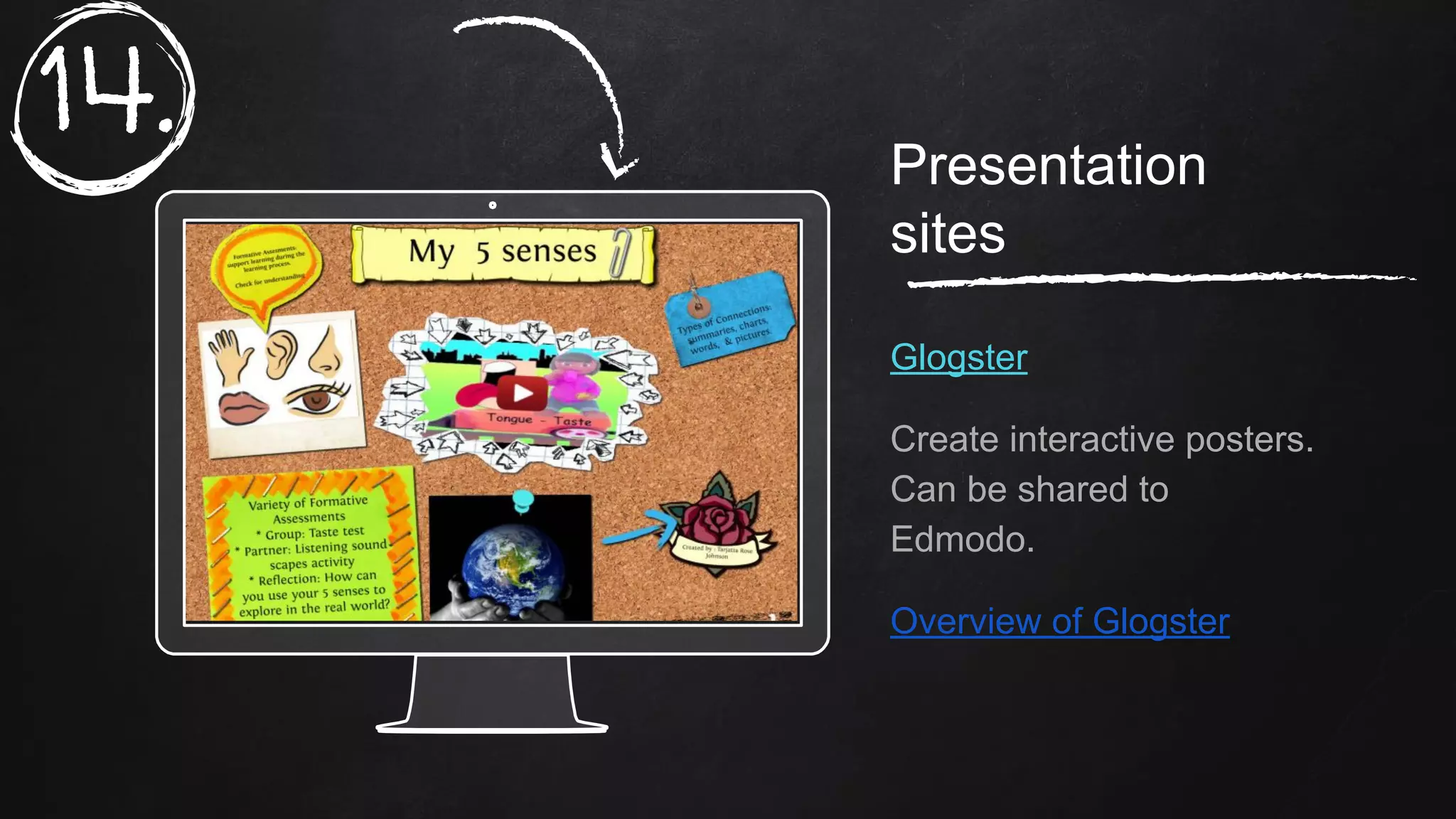 Place your screenshot here
Presentation
sites
Glogster
Create interactive posters.
Can be shared to
Edmodo.
Overview of Glogster
14.
 