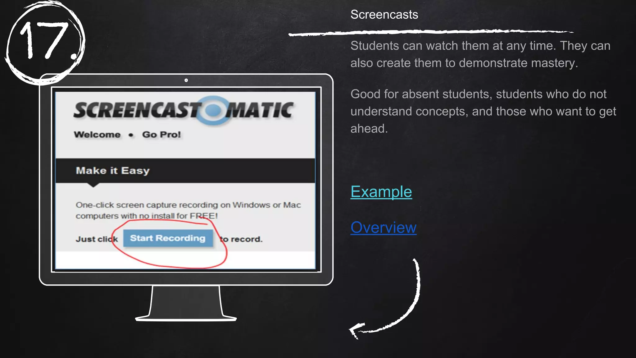 Place your screenshot here
Screencasts
Students can watch them at any time. They can
also create them to demonstrate mastery.
Good for absent students, students who do not
understand concepts, and those who want to get
ahead.
Example
Overview
17.
 