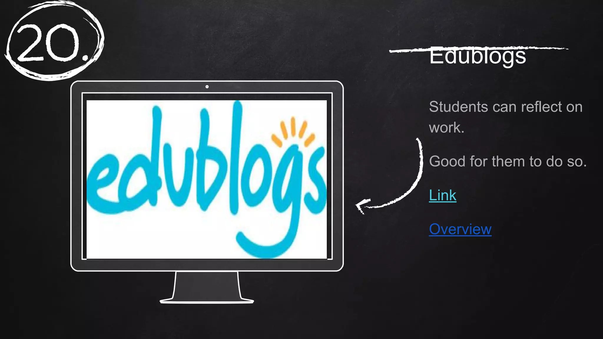 Place your screenshot here
Edublogs
Students can reflect on
work.
Good for them to do so.
Link
Overview
20.
 