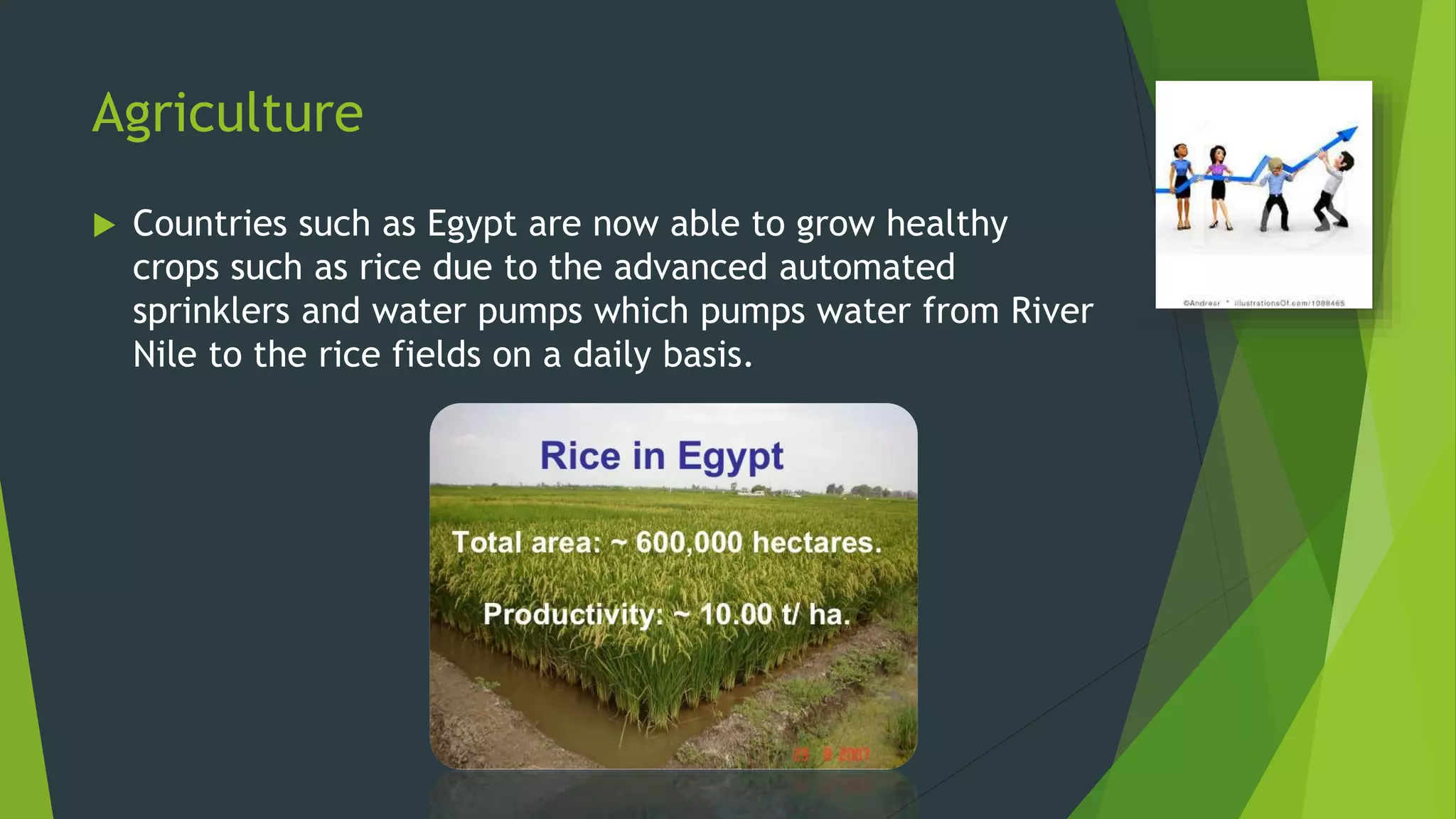 Agriculture
 Countries such as Egypt are now able to grow healthy
crops such as rice due to the advanced automated
sprinklers and water pumps which pumps water from River
Nile to the rice fields on a daily basis.
 
