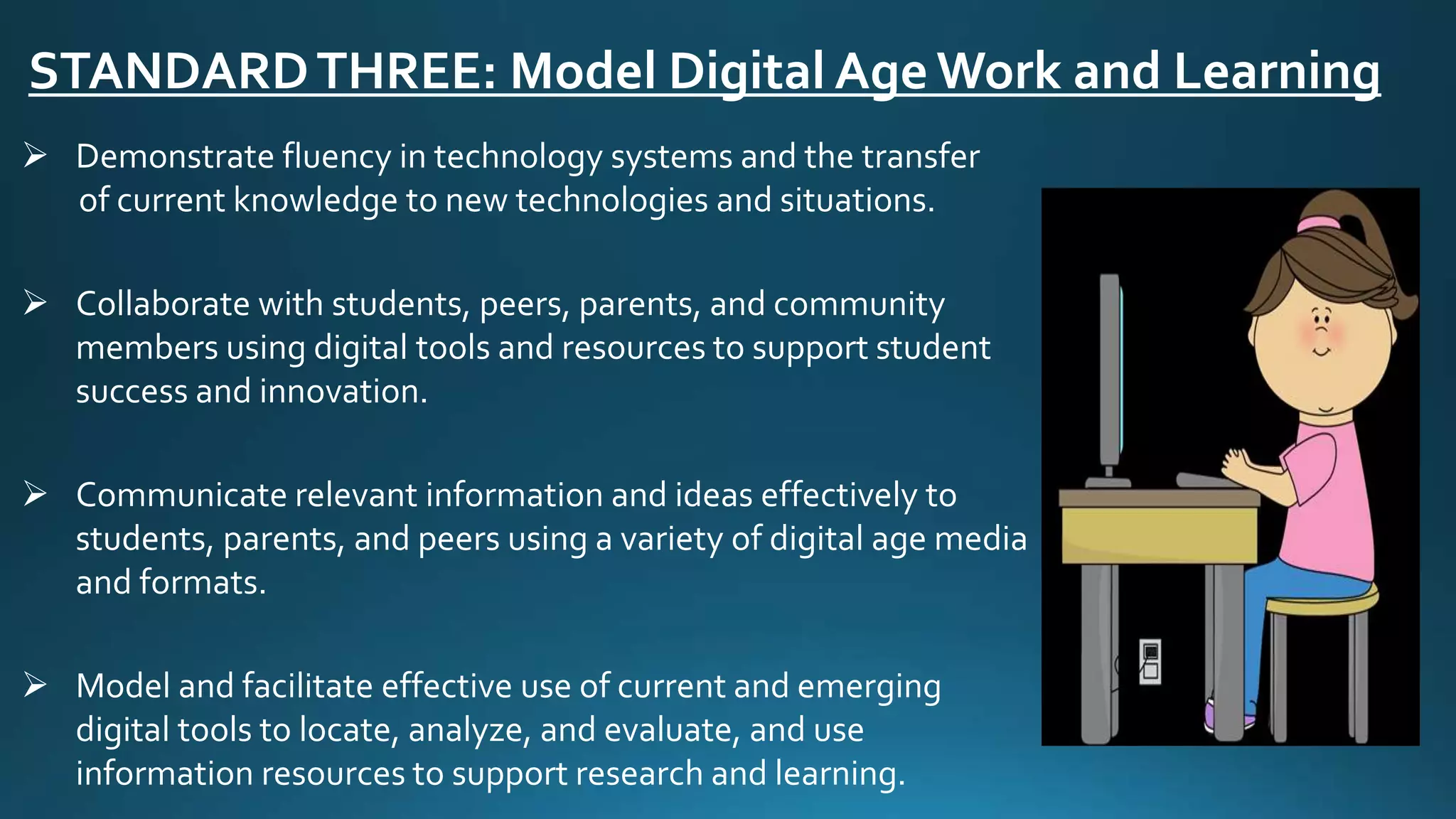 STANDARDTHREE: Model Digital Age Work and Learning
 Demonstrate fluency in technology systems and the transfer
of current knowledge to new technologies and situations.
 Collaborate with students, peers, parents, and community
members using digital tools and resources to support student
success and innovation.
 Communicate relevant information and ideas effectively to
students, parents, and peers using a variety of digital age media
and formats.
 Model and facilitate effective use of current and emerging
digital tools to locate, analyze, and evaluate, and use
information resources to support research and learning.
 