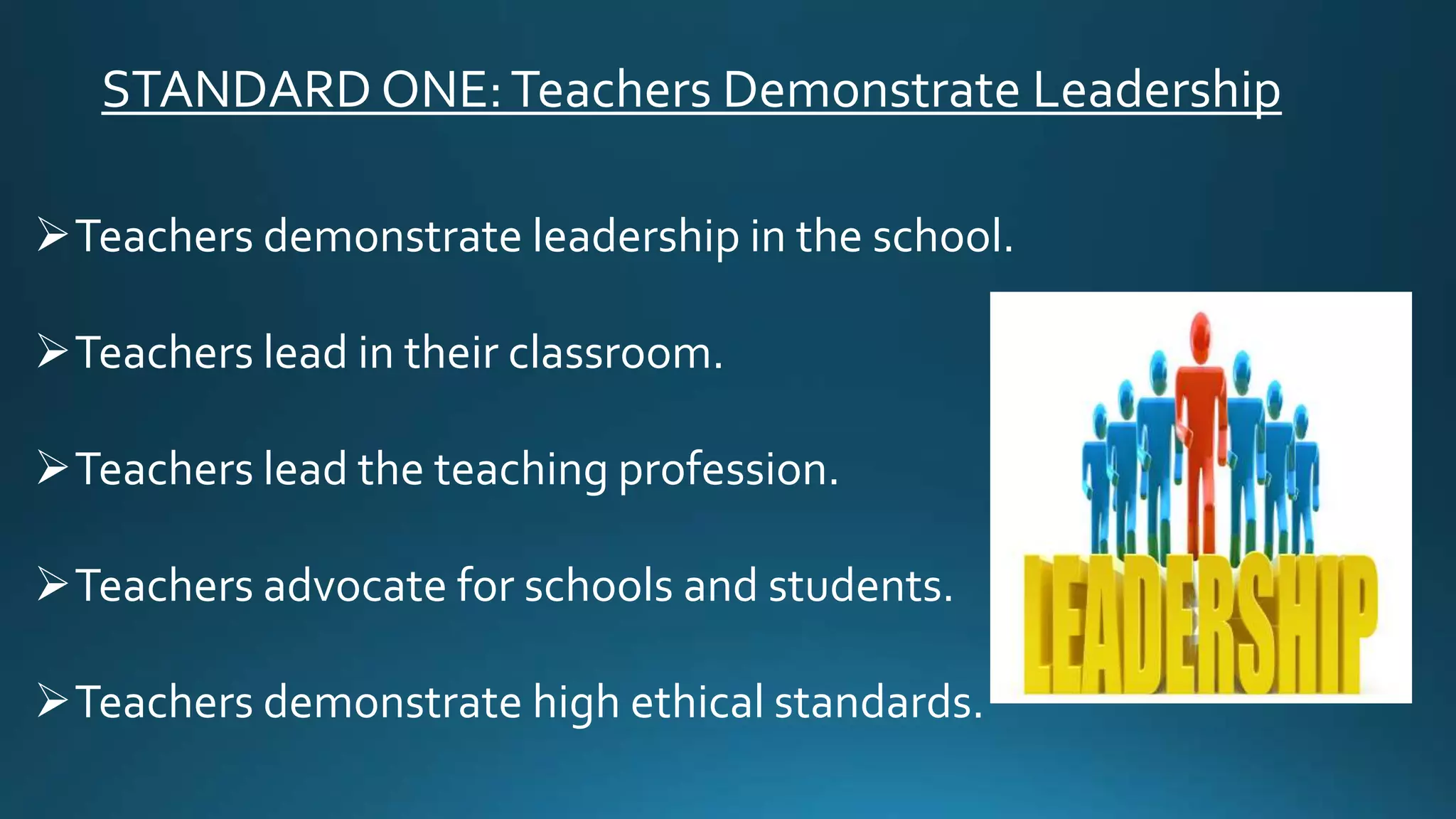 STANDARD ONE:Teachers Demonstrate Leadership
Teachers demonstrate leadership in the school.
Teachers lead in their classroom.
Teachers lead the teaching profession.
Teachers advocate for schools and students.
Teachers demonstrate high ethical standards.
 
