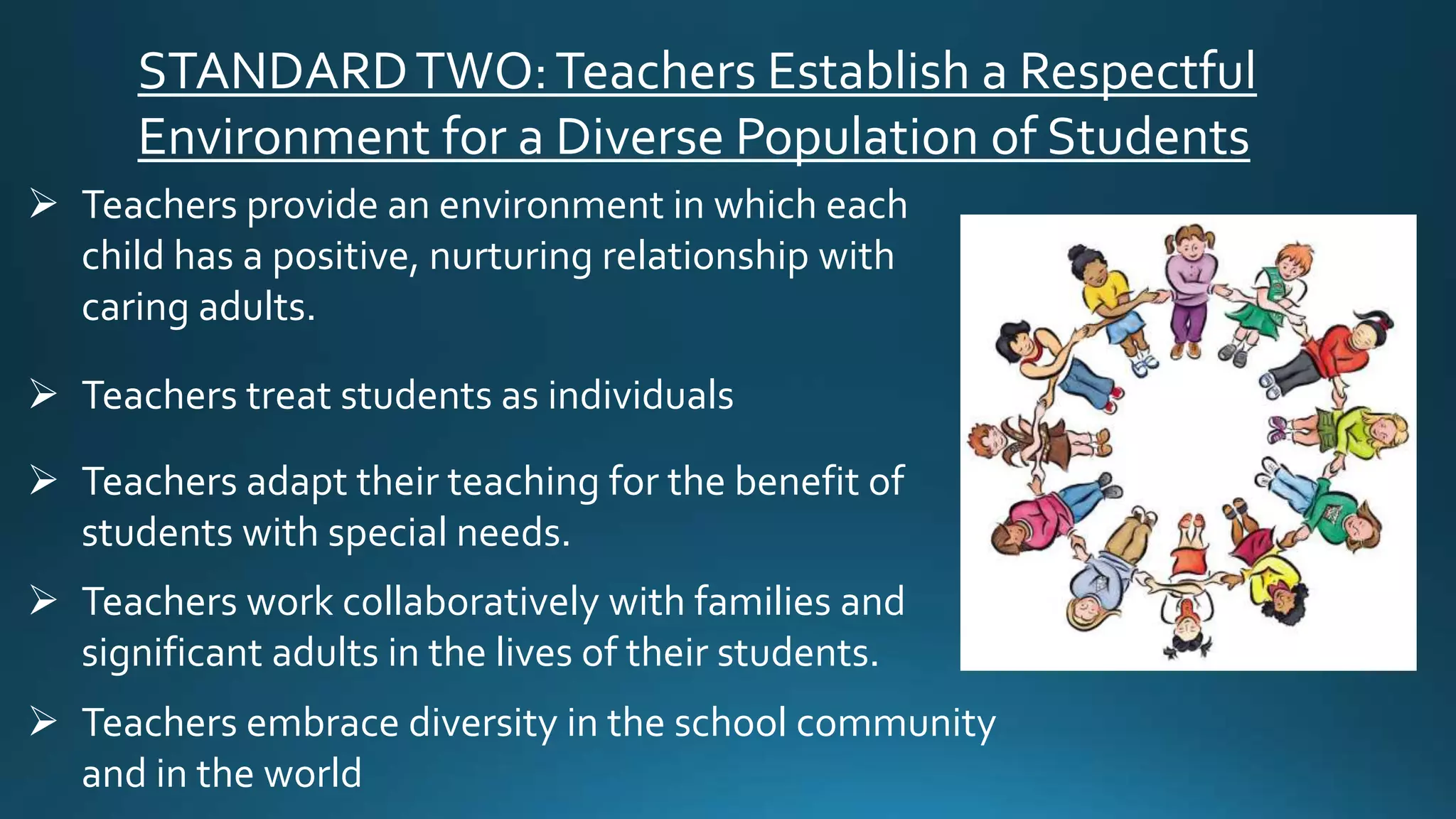 STANDARDTWO:Teachers Establish a Respectful
Environment for a Diverse Population of Students
 Teachers provide an environment in which each
child has a positive, nurturing relationship with
caring adults.
 Teachers treat students as individuals
 Teachers adapt their teaching for the benefit of
students with special needs.
 Teachers work collaboratively with families and
significant adults in the lives of their students.
 Teachers embrace diversity in the school community
and in the world
 