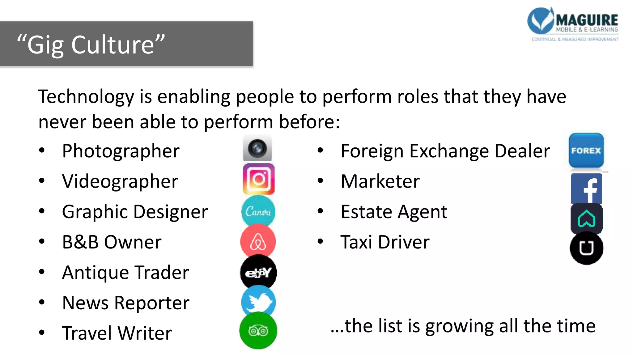 “Gig Culture”
• Photographer
• Videographer
• Graphic Designer
• B&B Owner
• Antique Trader
• News Reporter
• Travel Writer
• Foreign Exchange Dealer
• Marketer
• Estate Agent
• Taxi Driver
• Seeks recognition for their
achievements, skills and
knowledge
Technology is enabling people to perform roles that they have
never been able to perform before:
…the list is growing all the time
 