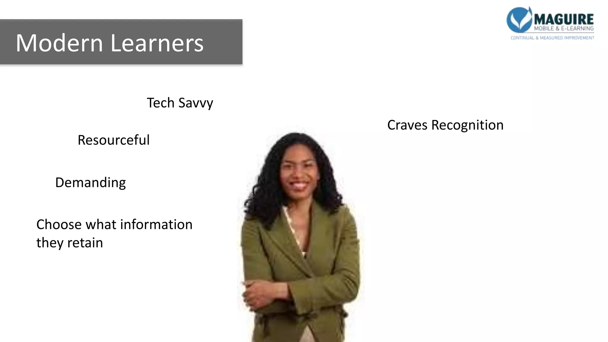 Modern Learners
Choose what information
they retain
Demanding
Resourceful
Tech Savvy
Craves Recognition
 