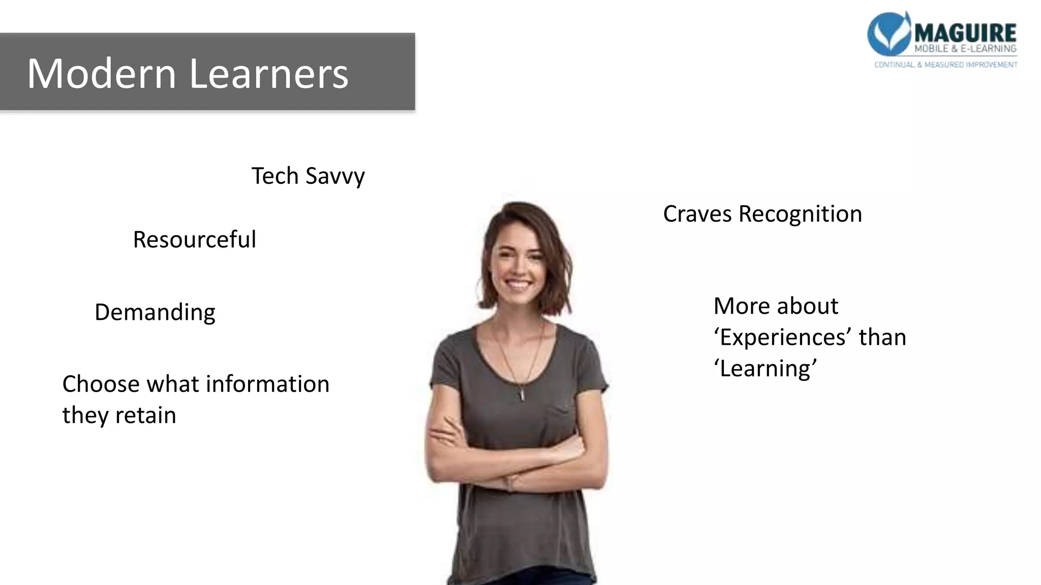 Modern Learners
Choose what information
they retain
Demanding
Resourceful
Tech Savvy
Craves Recognition
More about
‘Experiences’ than
‘Learning’
 