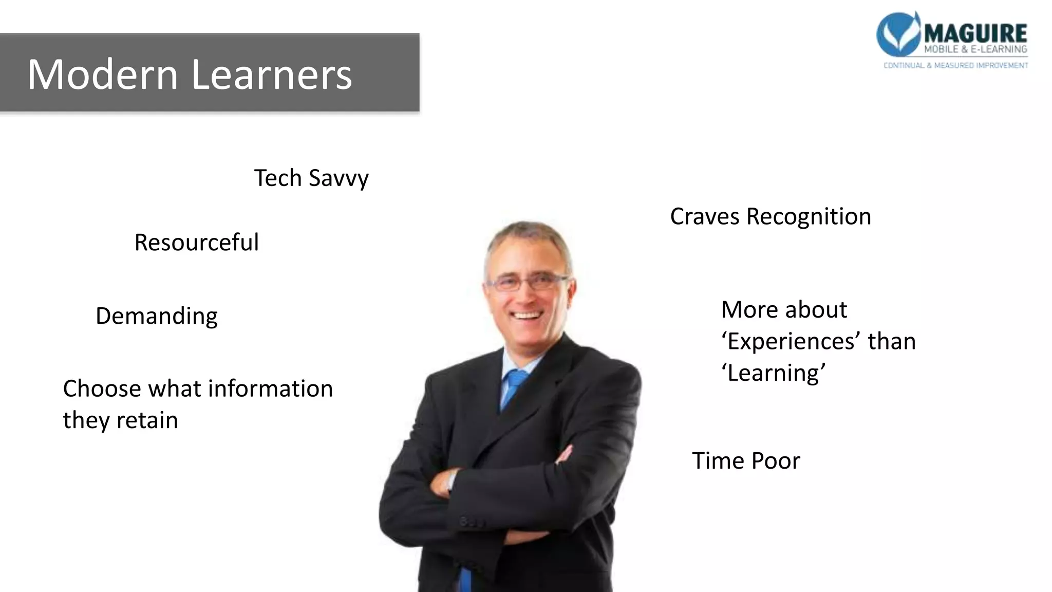 Modern Learners
Choose what information
they retain
Demanding
Resourceful
Tech Savvy
Craves Recognition
More about
‘Experiences’ than
‘Learning’
Time Poor
 