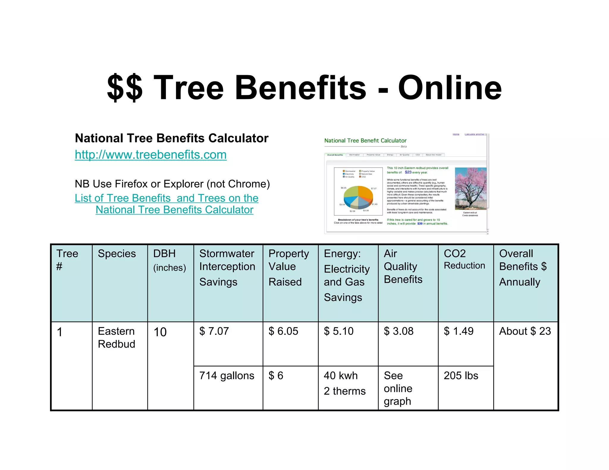 $$ Tree Benefits - Online
    National Tree Benefits Calculator
    http://www.treebenefits.com

    NB Use Firefox or Explorer (not Chrome)
    List of Tree Benefits and Trees on the
         National Tree Benefits Calculator



Tree    Species    DBH        Stormwater     Property   Energy:       Air        CO2         Overall
#                  (inches)   Interception   Value      Electricity   Quality    Reduction   Benefits $
                              Savings        Raised     and Gas       Benefits               Annually
                                                        Savings


1       Eastern    10         $ 7.07         $ 6.05     $ 5.10        $ 3.08     $ 1.49      About $ 23
        Redbud

                              714 gallons    $6         40 kwh        See        205 lbs
                                                        2 therms      online
                                                                      graph
 