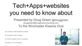 Tech+Apps+websites
you need to know about
Presented by Doug Green @dougjgreen
douggreen@douggreenconsulting.com
To the Winchester Kiwanis Club
On computer, start Quicktime recorder
On computer, start X-mirage
On iPhone, airplay mirror to computer
On iPhone, Turn on hotspot
 