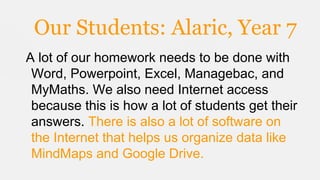 Our Students: Alaric, Year 7
A lot of our homework needs to be done with
Word, Powerpoint, Excel, Managebac, and
MyMaths. We also need Internet access
because this is how a lot of students get their
answers. There is also a lot of software on
the Internet that helps us organize data like
MindMaps and Google Drive.

 
