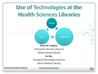 Inspire




      Share                      Collaborate



       Annie M. Hughes,
 Information Services Librarian
     (Wilson Dental Library)
            Jin Wu,
Emerging Technologies Librarian
    (Norris Medical Library)
     Health Sciences Libraries
 