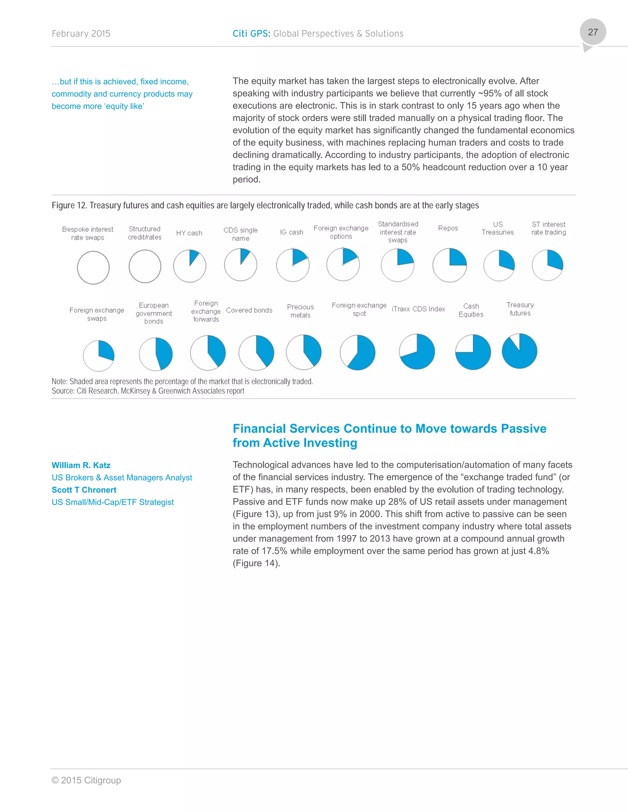 February 2015 Citi GPS: Global Perspectives & Solutions
© 2015 Citigroup
27
The equity market has taken the largest steps to electronically evolve. After
speaking with industry participants we believe that currently ~95% of all stock
executions are electronic. This is in stark contrast to only 15 years ago when the
majority of stock orders were still traded manually on a physical trading floor. The
evolution of the equity market has significantly changed the fundamental economics
of the equity business, with machines replacing human traders and costs to trade
declining dramatically. According to industry participants, the adoption of electronic
trading in the equity markets has led to a 50% headcount reduction over a 10 year
period.
Figure 12. Treasury futures and cash equities are largely electronically traded, while cash bonds are at the early stages
Note: Shaded area represents the percentage of the market that is electronically traded.
Source: Citi Research, McKinsey & Greenwich Associates report
Financial Services Continue to Move towards Passive
from Active Investing
Technological advances have led to the computerisation/automation of many facets
of the financial services industry. The emergence of the “exchange traded fund” (or
ETF) has, in many respects, been enabled by the evolution of trading technology.
Passive and ETF funds now make up 28% of US retail assets under management
(Figure 13), up from just 9% in 2000. This shift from active to passive can be seen
in the employment numbers of the investment company industry where total assets
under management from 1997 to 2013 have grown at a compound annual growth
rate of 17.5% while employment over the same period has grown at just 4.8%
(Figure 14).
…but if this is achieved, fixed income,
commodity and currency products may
become more ‘equity like’
William R. Katz
US Brokers & Asset Managers Analyst
Scott T Chronert
US Small/Mid-Cap/ETF Strategist
 