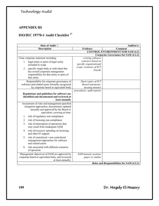 Technology Audit




APPENDIX III

ISO/IEC 19770-1 Audit Checklist 17

                    Date of Audit:                                                                   Auditor/s:
                   Description                               Evidence                      Comment
                                                                  CONTROL ENVIRONMENT FOR SAM (4.2)
                                                                           Corporate Governance for SAM (4.2.2)
Clear corporate statement including:                          existing software
    1. legal entity or parts of legal entity                contracts based on
         included in scope                              specific organizational
                                                        scope; existence of ICT
    2. specific single body or individual that
                                                                        boards
         has overall corporate management
         responsibility for that entity or parts of
         that entity
       Responsibility for corporate governance of          Hard copies of ICT
  software and related assets formally recognized           Board statements,
            by corporate board or equivalent body             meeting minutes
                                                      procedures; audit reports
   Regulations and guidelines for software use
   identified and documented and reviewed at
                                   least annually
  Assessment of risks and management specified
     mitigation approaches, documented, updated
          annually and approved by the Board or
                     equivalent, covering at least:
    1. risk of regulatory non-compliance
    2. risk of licensing non-compliance
    3. risk of interruption of operations that
        may result from inadequate SAM
    4. risk of excessive spending on licensing
        and other IT support
    5. risk of centralized v non-centralized
        management approaches for software
        and related assets
    6. risk associated with different countries
        of operation
Management objectives of SAM are approved by             SAM manual, position
corporate board or equivalent body, and reviewed             paper or similar
                                 at least annually.
                                                                      Roles and Responsibilities for SAM (4.2.3)




109                                                                               Dr. Magdy El Messiry
 