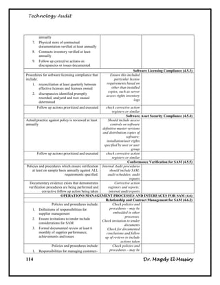Technology Audit



         annually
    7.   Physical store of contractual
         documentation verified at least annually
    8.   Contracts inventory verified at least
         annually
    9.   Follow up corrective actions on
         discrepancies or issues documented
                                                                         Software Licensing Compliance (4.5.3)
Procedures for software licensing compliance that       Ensure this included
include:                                                   particular license
     1. reconciliation at least quarterly between     requirements based on
         effective licenses and licenses owned           other than installed
                                                       copies, such as server
     2. discrepancies identified promptly
                                                      access rights inventory
         recorded, analyzed and root caused
                                                                         logs
         determined
       Follow up actions prioritized and executed     check corrective action
                                                            registers or similar
                                                                      Software Asset Security Compliance (4.5.4)
Actual practice against policy is reviewed at least     Should include access
annually                                                  controls on software
                                                    definitive master versions
                                                    and distribution copies of
                                                                      software;
                                                       installation/user rights
                                                     specified by user or user
                                                                          group
        Follow up actions prioritized and executed    check corrective action
                                                            registers or similar
                                                                       Conformance Verification for SAM (4.5.5)
Policies and procedures which ensure verification Internal Audit procedures
    at least on sample basis annually against ALL         should include SAM;
                            requirements specified.     audit schedules; audit
                                                                         reports
   Documentary evidence exists that demonstrates              Corrective action
  verification procedures are being performed and       registers and reports;
            corrective follow up action being taken      internal audit reports
                          OPERATIONS MANAGEMENT PROCESSES AND INTERFACES FOR SAM (4.6)
                                                      Relationship and Contract Management for SAM (4.6.2)
                   Policies and procedures include:         Check policies and
    1. Definitions of responsibilities for                procedures – may be
         supplier management                                 embedded in other
                                                                     processes.
    2. Ensure invitations to tender include
                                                    Check invitation to tender
         considerations for SAM
                                                                     documents
    3. Formal documented review at least 6              Check for documented
         monthly of supplier performance,              conclusions and follow
         achievements and issues                      up of reviews to include
                                                                  actions taken
                   Policies and procedures include:         Check policies and
    1. Responsibilities for managing customer-            procedures – may be

114                                                                           Dr. Magdy El Messiry
 