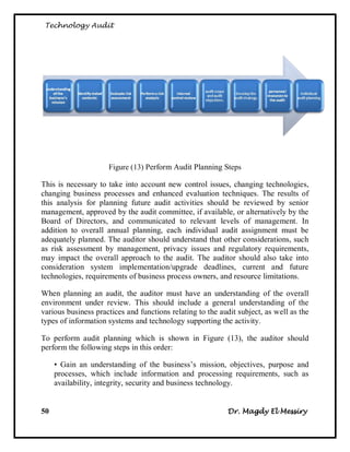Technology Audit




                     Figure (13) Perform Audit Planning Steps

This is necessary to take into account new control issues, changing technologies,
changing business processes and enhanced evaluation techniques. The results of
this analysis for planning future audit activities should be reviewed by senior
management, approved by the audit committee, if available, or alternatively by the
Board of Directors, and communicated to relevant levels of management. In
addition to overall annual planning, each individual audit assignment must be
adequately planned. The auditor should understand that other considerations, such
as risk assessment by management, privacy issues and regulatory requirements,
may impact the overall approach to the audit. The auditor should also take into
consideration system implementation/upgrade deadlines, current and future
technologies, requirements of business process owners, and resource limitations.

When planning an audit, the auditor must have an understanding of the overall
environment under review. This should include a general understanding of the
various business practices and functions relating to the audit subject, as well as the
types of information systems and technology supporting the activity.

To perform audit planning which is shown in Figure (13), the auditor should
perform the following steps in this order:

     • Gain an understanding of the business‘s mission, objectives, purpose and
     processes, which include information and processing requirements, such as
     availability, integrity, security and business technology.


50                                                         Dr. Magdy El Messiry
 