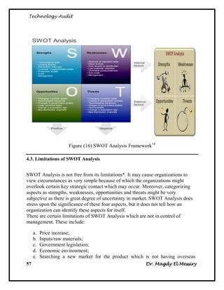 Technology Audit




                      Figure (16) SWOT Analysis Framework14

4.3. Limitations of SWOT Analysis


SWOT Analysis is not free from its limitations*. It may cause organizations to
view circumstances as very simple because of which the organizations might
overlook certain key strategic contact which may occur. Moreover, categorizing
aspects as strengths, weaknesses, opportunities and threats might be very
subjective as there is great degree of uncertainty in market. SWOT Analysis does
stress upon the significance of these four aspects, but it does not tell how an
organization can identify these aspects for itself.
There are certain limitations of SWOT Analysis which are not in control of
management. These include:

     a.   Price increase;
     b.   Inputs/raw materials;
     c.   Government legislation;
     d.   Economic environment;
     e.   Searching a new market for the product which is not having overseas
57                                                       Dr. Magdy El Messiry
 