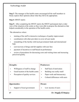 Technology Audit




Step 3: The manager of the health centre encouraged all the staff members to
freely express their opinions about what they felt to be appropriate.

Step 4: SWOT matrix

Step 5: After completing the SWOT matrix the SWOT participants had a wider
view of the situation at the centre so they were able to propose the alternatives that
helped considerably in the operation of the health centre.

The alternatives where:

      training of the staff in interactive techniques of quality improvement
      coordination with other providers to cover all user needs
      remodeling of the facility with local government funds and international
     help
      cost recovery of drugs and lab supplies with user fees
      payment of incentives to staff based on performance
      review of procedures for decreasing costs and waiting times and increasing
     perceived quality.




Strengths:                                  Weaknesses:

      Willingness of staff to change             Staff lack of motivation
      Good location of the health centre         Building was really small
      Perception of quality services             Paper work and bureaucracy
                                                  Cultural differences with users


Opportunities:                              Threats:

      Support of local government                Low income of users

67                                                          Dr. Magdy El Messiry
 