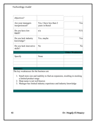 Technology Audit




     objectives?

     Are your managers         Yes, I have less than 2                          Yes
     inexperienced?            years in Retail

     Do you have low           n/a                                             N/A
     R&D?

     Do you lack industry      Yes, maybe                                       Yes
     knowledge?

     Do you lack innovative    No                                               No
     skills?
                                                               Other Weaknesses
     Specify                   None




 Summary
 The key weaknesses for the business are

      1. Small store size and inability to find an expansion, resulting in stocking
         a limited product range
      2. Shop name is not well known
      3. Manager has limited industry experience and industry knowledge




82                                                          Dr. Magdy El Messiry
 