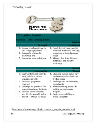 Technology Audit




     SWOT Analysis Examples

     Summary – Retail Clothing Business
                                                                     Internal
                             Strengths                           Weaknesses
       1. Unique brands protected by       1. Small store size and inability
          sole supply agreements              to find an expansion, resulting
       2. Successful relationship             in stocking a limited product
          marketing, and                      range
       3. Innovative sales techniques      2. Manager has limited industry
                                              experience and industry
                                              knowledge

                                                                      External
                           Opportunities                               Threats
       1.   Backward integration in the    1.   Changing fashion trends may
            supply chain to include             shift consumer interest in our
            importing directly                  product range
       2.   Increased geographic           2.   Exchange rate variation may
            coverage                            impact costs
       3.   Leverage the growth of the     3.   Rents increasing above CPI
            internet to enhance business        putting pressure on our
       4.   Increase life of customer           margins
            was 18 – 24 year old males,    4.   Center owner shifting us
            now 18 – 29 year old males          within the center




*http://www.whatmakesagoodleader.com/swot_analysis_examples.html
88                                                        Dr. Magdy El Messiry
 