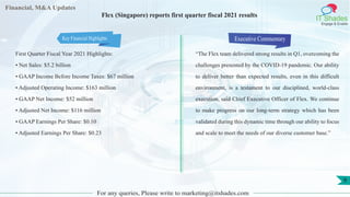 Financial, M&A Updates
IT Shades
Engage & Enable
Flex (Singapore) reports first quarter fiscal 2021 results
First Quarter Fiscal Year 2021 Highlights:
• Net Sales: $5.2 billion
• GAAP Income Before Income Taxes: $67 million
• Adjusted Operating Income: $163 million
• GAAP Net Income: $52 million
• Adjusted Net Income: $116 million
• GAAP Earnings Per Share: $0.10
• Adjusted Earnings Per Share: $0.23
Executive Commentary
“The Flex team delivered strong results in Q1, overcoming the
challenges presented by the COVID-19 pandemic. Our ability
to deliver better than expected results, even in this difficult
environment, is a testament to our disciplined, world-class
execution, said Chief Executive Officer of Flex. We continue
to make progress on our long-term strategy which has been
validated during this dynamic time through our ability to focus
and scale to meet the needs of our diverse customer base.”
For any queries, Please write to marketing@itshades.com
9
Key Financial Highlights
 
