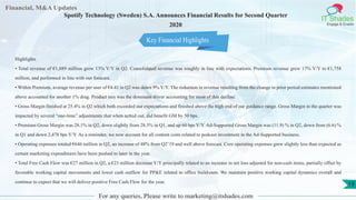 Financial, M&A Updates
IT Shades
Engage & Enable
Spotify Technology (Sweden) S.A. Announces Financial Results for Second Quarter
2020
Highlights
• Total revenue of €1,889 million grew 13% Y/Y in Q2. Consolidated revenue was roughly in line with expectations. Premium revenue grew 17% Y/Y to €1,758
million, and performed in line with our forecast.
• Within Premium, average revenue per user of €4.41 in Q2 was down 9% Y/Y. The reduction in revenue resulting from the change in prior period estimates mentioned
above accounted for another 1% drag. Product mix was the dominant driver accounting for most of this decline.
• Gross Margin finished at 25.4% in Q2 which both exceeded our expectations and finished above the high end of our guidance range. Gross Margin in the quarter was
impacted by several “one-time” adjustments that when netted out, did benefit GM by 50 bps.
• Premium Gross Margin was 28.1% in Q2, down slightly from 28.3% in Q1, and up 60 bps Y/Y. Ad-Supported Gross Margin was (11.9) % in Q2, down from (6.6) %
in Q1 and down 2,478 bps Y/Y. As a reminder, we now account for all content costs related to podcast investment in the Ad-Supported business.
• Operating expenses totaled €646 million in Q2, an increase of 48% from Q2’19 and well above forecast. Core operating expenses grew slightly less than expected as
certain marketing expenditures have been pushed to later in the year.
• Total Free Cash Flow was €27 million in Q2, a €23 million decrease Y/Y principally related to an increase in net loss adjusted for non-cash items, partially offset by
favorable working capital movements and lower cash outflow for PP&E related to office build-outs. We maintain positive working capital dynamics overall and
continue to expect that we will deliver positive Free Cash Flow for the year.
For any queries, Please write to marketing@itshades.com
19
Key Financial Highlights
 
