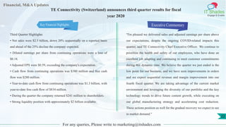 Financial, M&A Updates
IT Shades
Engage & Enable
TE Connectivity (Switzerland) announces third quarter results for fiscal
year 2020
Third Quarter Highlights
• Net sales were $2.5 billion, down 20% sequentially on a reported basis
and ahead of the 25% decline the company expected.
• Diluted earnings per share from continuing operations were a loss of
$0.18.
• Adjusted EPS were $0.59, exceeding the company's expectation.
• Cash flow from continuing operations was $380 million and free cash
flow was $280 million.
• Year-to-date cash flow from continuing operations was $1.3 billion, with
year-to-date free cash flow of $834 million.
• During the quarter the company returned $241 million to shareholders.
• Strong liquidity position with approximately $2 billion available.
Executive Commentary
"I'm pleased we delivered sales and adjusted earnings per share above
our expectations, despite the ongoing COVID-related impacts this
quarter, said TE Connectivity Chief Executive Officer. We continue to
prioritize the health and safety of our employees, who have done an
excellent job adapting and continuing to meet customer commitments
during this dynamic time. We believe the quarter we just ended is the
low point for our business, and we have seen improvements in orders
and we expect sequential revenue and margin improvement into our
fourth fiscal quarter. We are taking advantage of the current market
environment and leveraging the diversity of our portfolio and the key
technology trends to drive future content growth, while executing on
our global manufacturing strategy and accelerating cost reduction.
These actions position us well for the gradual recovery we expect to see
in market demand."
For any queries, Please write to marketing@itshades.com
22
Key Financial Highlights
 