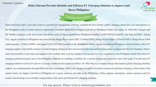Lorem
ipsum dolor sit
amet, consectetuer
adipiscing elit, sed diam
nonummy
nib
Solution Updates
IT Shades
Engage & Enable
Delta (Taiwan) Provides Reliable and Efficient EV Charging Solutions to Jaguar Land
Rover Philippines
For any queries, Please write to marketing@itshades.com
34
Solution Description
Delta Electronics Int’l, a provider of power and thermal management solutions, installed the first electric vehicle charging station for a car manufacturer in
the Philippines at the Coventry Motors Corporation Greenhills Showroom of Jaguar Land Rover Philippines.Delta will supply AC Mini Plus chargers and
DC Wallbox chargers to the showrooms and testing areas of Jaguar Land Rover Philippines located in 1008 EDSA Greenhills, San Juan and BGC, Taguig
City. Jaguar Land Rover Philippines has launched the Range Rover Sport HSE 2.0 Petrol PHEV, Range Rover Vogue 2.0 Petrol PHEV, Range Rover LWB
Autobiography 2.0 Petrol PHEV and Jaguar I-PACE EV400 S models in the Philippines market. Jaguar Land Rover Philippines selected Delta as their EV
charging supplier and reliable partner to install charging stations at their showroom at San Juan and at testing areas to prepare for their EV launches. Delta’s
early bid and ability to provide local support with excellent value were key factors in its success over top competitors in the Philippine market.The Delta EV
charging solutions business unit in the Philippines dedicates to enabling e-mobility for a smarter and greener tomorrow with a full range of world-class EV
charging solutions used by EV drivers in Europe, North America and Asia.Delta’s AC Mini Plus is a compact charger that features global charging interface
support, user authentication through RFID and easy installation. Delta’s AC chargers are perfect for both commercial and home charging, which makes it the
natural choice for Jaguar Land Rover Philippines.As a green solutions provider in the Philippines, Delta supports automakers, station operators and EV
owners transitioning to eco-friendly transportation with smart and efficient EV charging solutions.
 