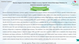Lorem
ipsum dolor sit
amet, consectetuer
adipiscing elit, sed diam
nonummy
nib
Solution Updates
IT Shades
Engage & Enable
Renesas (Japan) Unveils Industry’s Highest Accuracy Optically Isolated Delta-Sigma Modulator for
Industrial Automation Applications
For any queries, Please write to marketing@itshades.com
57
Solution Description
Renesas Electronics Corporation, a premier supplier of advanced semiconductor solutions, announced the RV1S9353A optically isolated delta-sigma
modulator. The RV1S9353A delivers the industry’s highest accuracy compared to other 10MHz clock output optically isolated devices. It includes a
precision analog-to-digital converter with ENOB of 13.8 bits for converting an analog voltage input into a digital output one-bit data stream across the
isolation barrier. The RV1S9353A connects directly to an RZ/T MPU and RX72M MCU, or other MPUs, MCUs, SoCs and FPGAs with a digital filter.
The RV1S9353A is used in robotic arm controllers, as well as AC servo controllers and NC servo controllers employed in a range of smart factory
equipment. The trend toward improving control accuracy for industrial instruments is driving the demand for high-accuracy optical isolation. Renesas’
RV1S9353A meets this need with best-in-class precision sensing features, including lower offset voltage drift, higher signal-to-noise ratio, lower
reference voltage drift vs. temperature, and higher input resistance. The modulator’s low offset voltage drift simplifies offset correction and its 5kV rms
isolation and 8mm creepage distance is ideal for compact 200V and 400V motor drive equipment. OEMs want to standardize their designs during
development and design certification. The RV1S9353A addresses this requirement with 500kΩ typical input resistance making it capable of both
current sensing and voltage monitoring for easier design. Best of all, the ΔΣ modulator’s digital output and connected digital filter removes the need for
complex multi-component designs that use a traditional analog isolation amplifier with analog filter and several other components.
 
